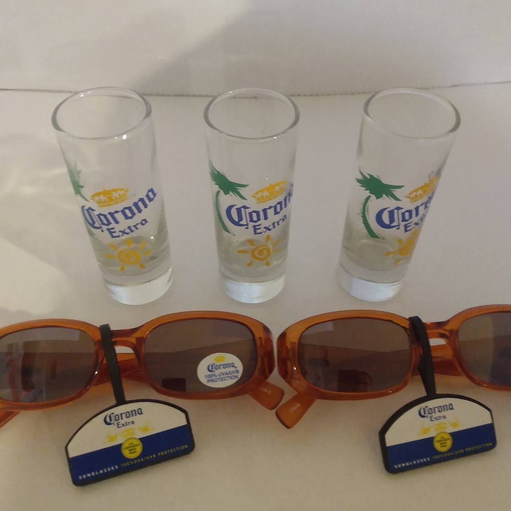 Pair of New Corona Extra with 3 shot glasses used